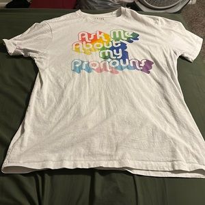 Ask me about my pronouns shirt size L